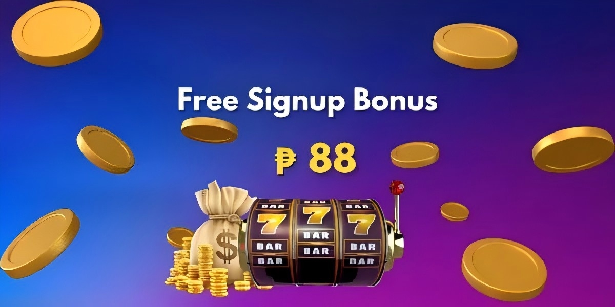 Promotional banner artwork: signup bonus coins and slot reels